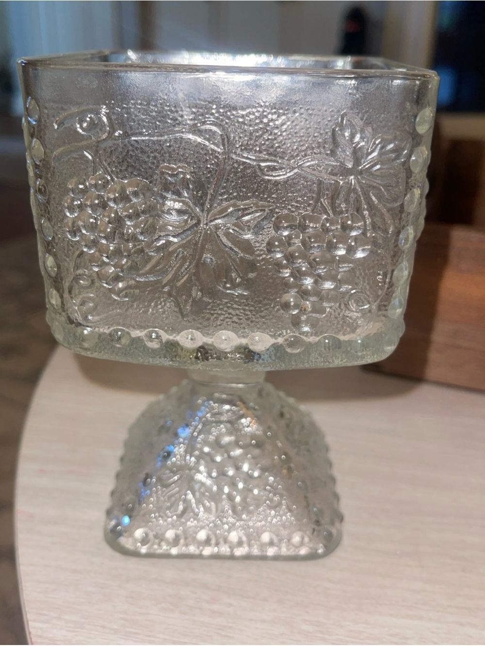 Vintage Indiana Glass Clear Square Candy Dish Footed Pedestal Grape Vine